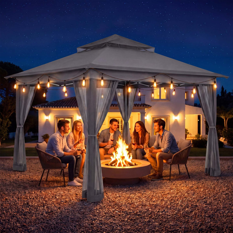 Tente de jardin pliable instantanée de 3,66 m x 3,66 m avec moustiquaire, 12 pi. X 12 pi avec lumière, Gris foncé