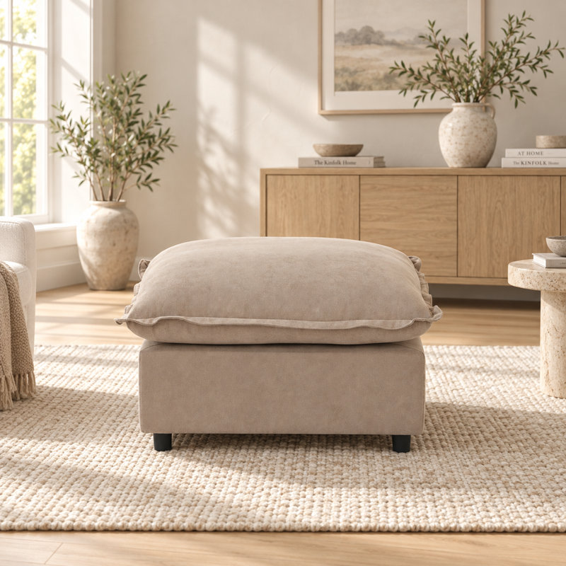 Moncada Upholstered Modern Linen Fabric Ottoman, Khaki