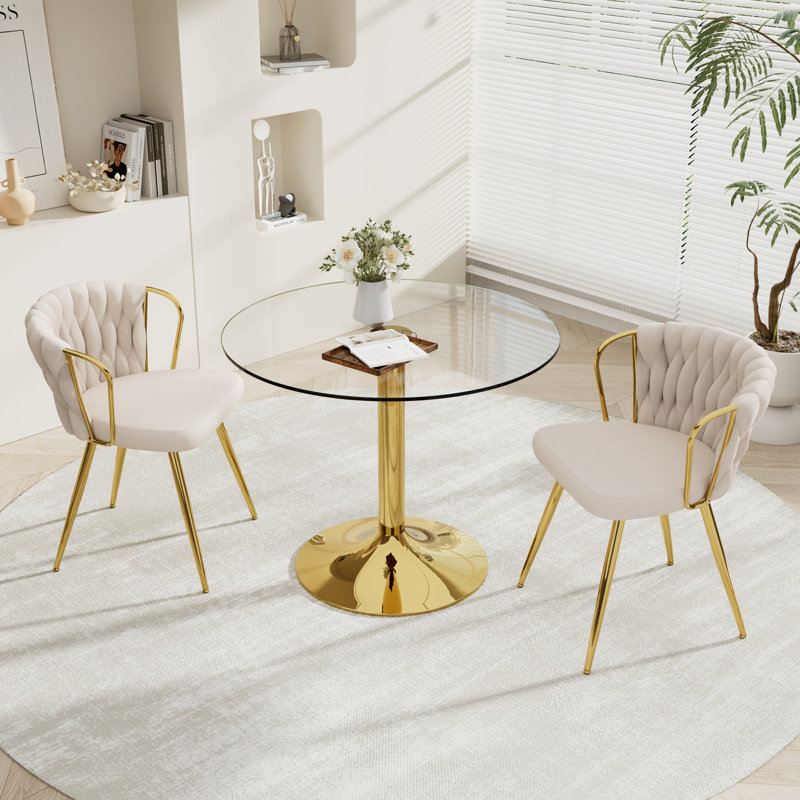 Ensemble de table de salle à manger Elegant, 3 pièces: table, 2 chaises, Beige, Doré