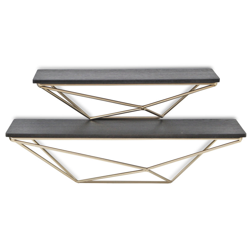 2 Piece Fir Solid Wood Bracket Shelf, Gold/Black Painted