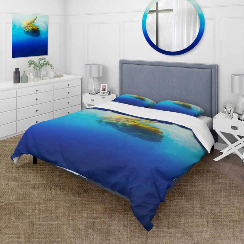 Ensemble de housse de couette moderne jaune en bleu et turquoise, Housse de couette pour grand lit et 2 taies décor