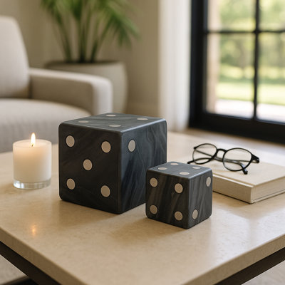 Stone and Metal Decorative Dice Set - Elegant Marble and Steel Gaming Decor, Modern and Transitional Accent, Stylish Display Set of 2