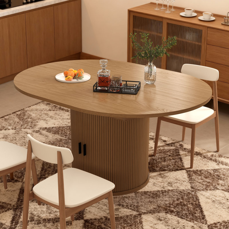 Dining Table For 4-6,63“Extendable Round Kitchen Dining Room Table With 2-Tier Storage Shelf, Space Saving Expandable Wood Oval Circle Dinner Furniture With Pedestal Base