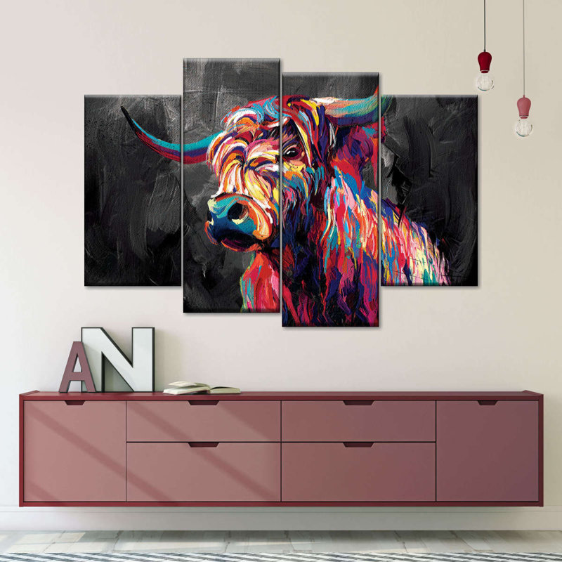 «Highland Cow» par Jude A, ensemble de 4 abstraits sur toile, H 27 po x l 43 po x P 1,25 po