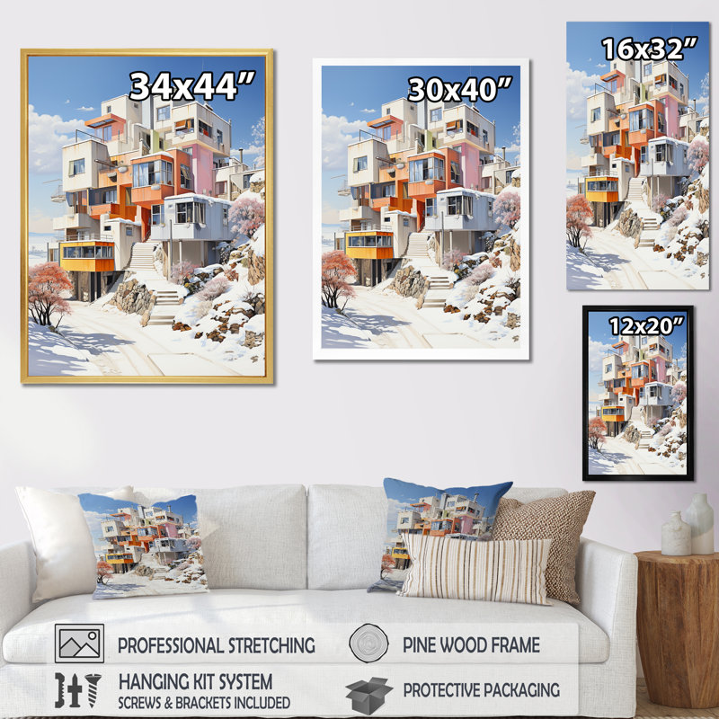 «De Stijl Modern City In Winter», reproduction sur toile, Cadre flottant doré, H 32 po x l 24 po