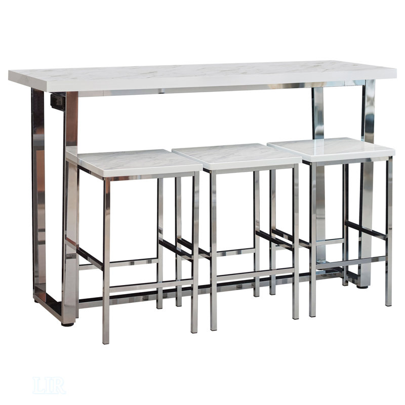 Ensemble de salle à manger moderne à hauteur de comptoir 4 pièces avec charge intégrée, stratifié en marbre blanc et finition chromée