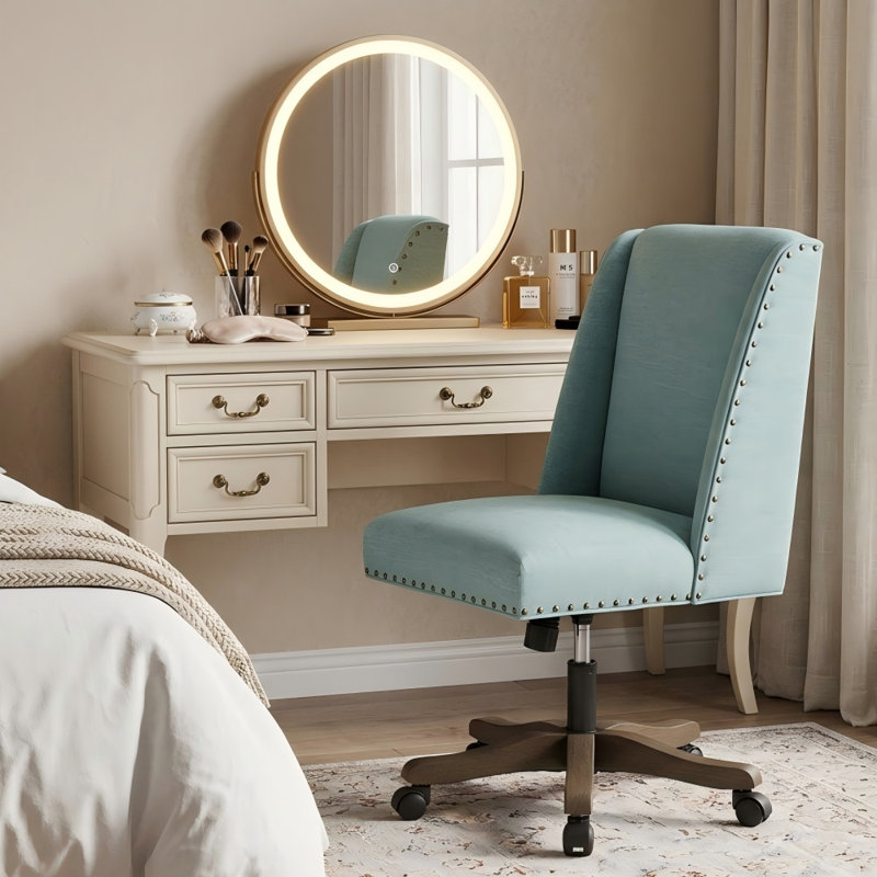 Chaise de bureau pivotante en chenille Mellins, Sarcelle