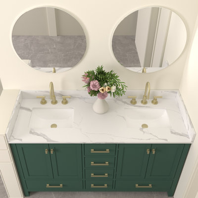Plateau de meuble-lavabo double 60 po en pierre de quartz avec lavabo - pour remplacement de meuble-lavabo, sans armoire