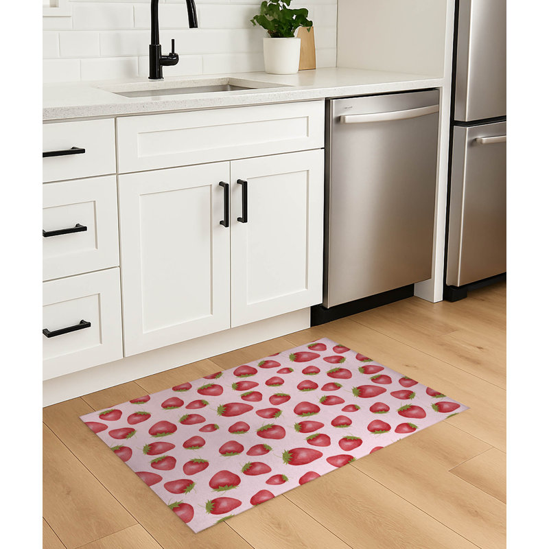 Summer Strawberries Lightweight Non-Slip Kitchen Mat, Rectangle 5' x 7', Pink
