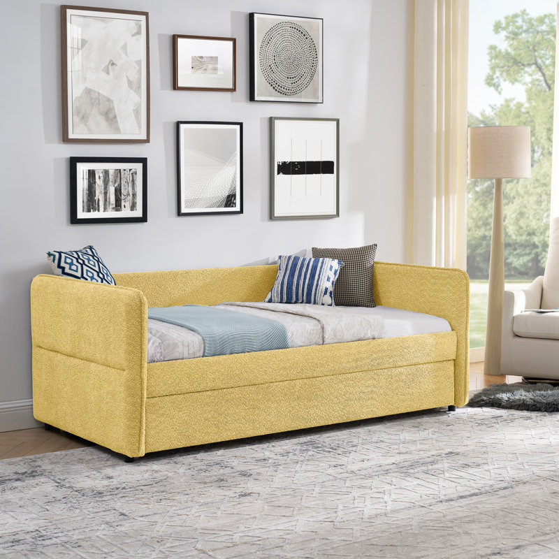 Lit de jour avec lit gigogne escamotable et capitonné, taille simple, tissu Boucle (83 po x 43 po x 29,5 po)