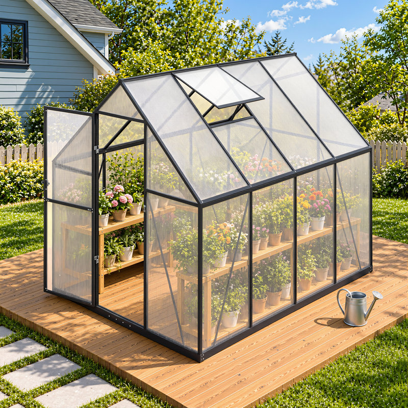 Serre de jardin intérieure de 1,83 m de large x 2,44 m de profondeur, en aluminium et polycarbonate, avec 2 aérations de toit réglables et structure noire, idéale pour votre cour arrière.