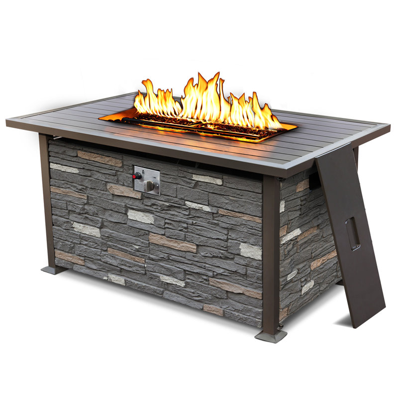 48.2'' Outdoor Propane Fire Pit Table with Metal Tabletop, Lid, Fabric Cover & Glass Beads