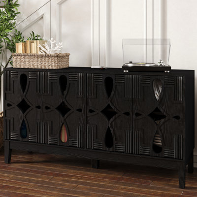 Black Mid Century Modern Storage Cabinet. Tv Media Console For Kitchen, Dining. 4 Doors, Adjustable Shelves & 60.5 60.5" Buffet Cabinet Living Room. Shelves, Doors