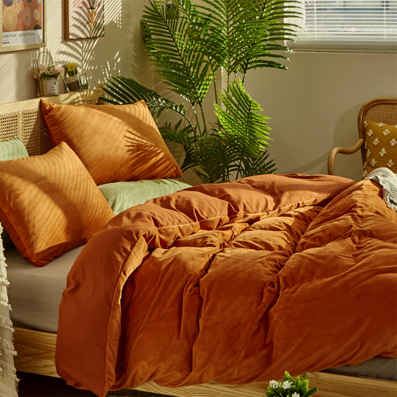 Velvet Comforter Flannel 3 PCs Bedding Set Farmhouse Warm Bed Comforter Set, Burnt Orange, King Comforter + 2 Pillowcases