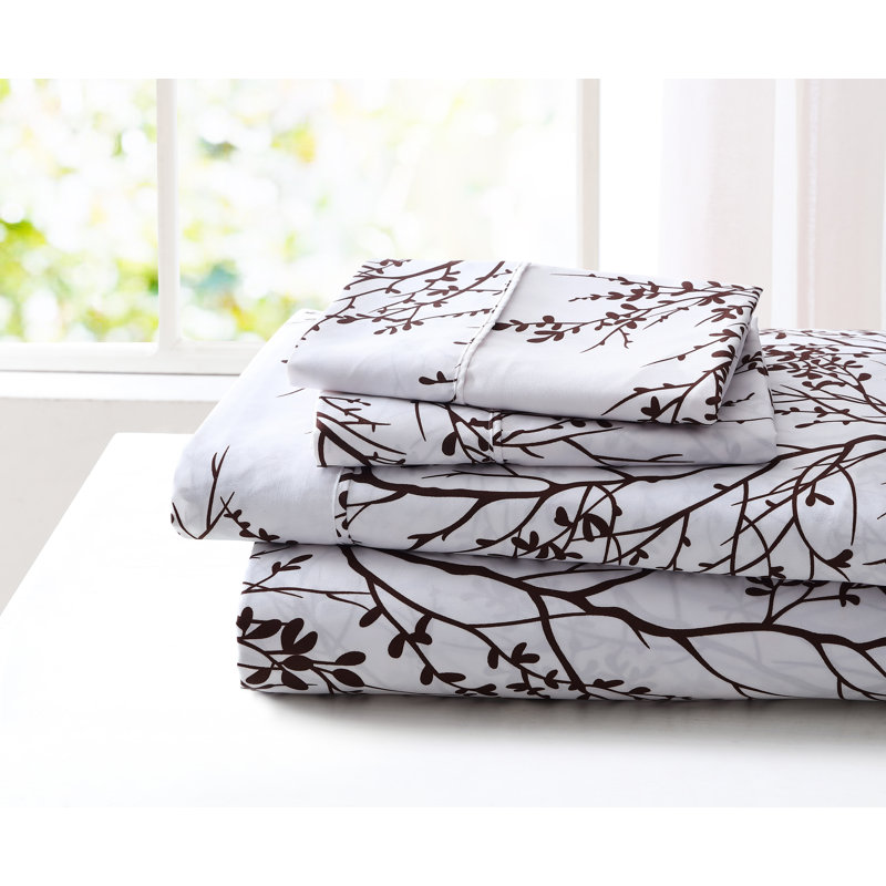 Foliage Microfiber Floral Sheet Set, Ivory/Chocolate, Full Sheet with Fitted Sheet and 2 Pillowcases