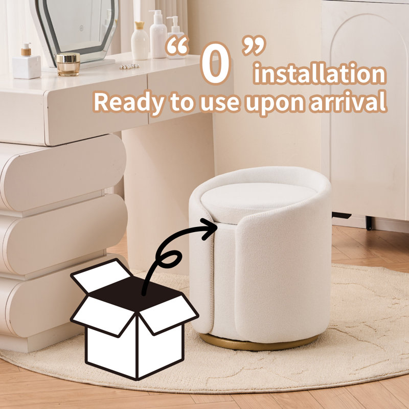Tabouret de coiffeuse avec rangement, tabouret rond en boucle sans roulettes, pouf pivotant avec revêtement rembourré et base dorée