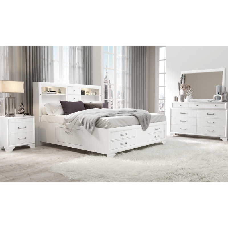 Très grand lit blanc avec tiroirs de tête de lit et construction en bois massif durable + caractéristiques du tiroir