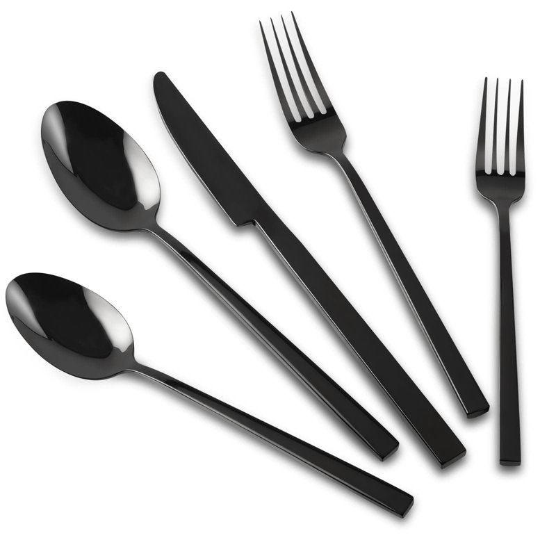 Ensemble de couverts en acier inoxydable 18/10 forgé à la main - ensemble de couverts noir miroir avec poignée cubique, finition mate, service de 20 pièces pour 4, idéal pour les cadeaux de maison, de mariage et de pendaison de crémaillère
