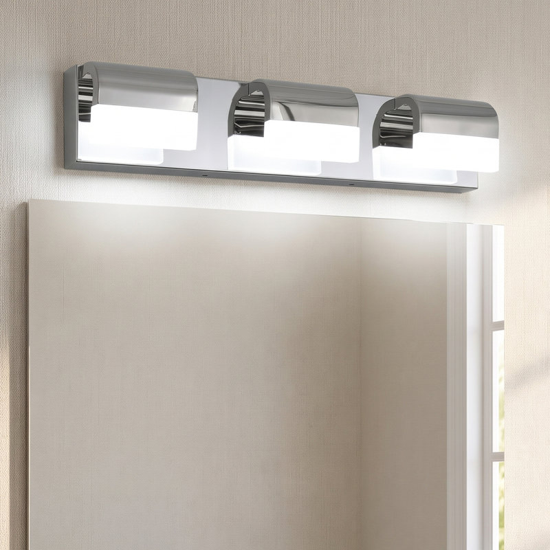 Applique murale de salle de bain moderne 22 po à 3 lumières DEL chromées courbées avec miroir, Chrome chrome, Trois lumières