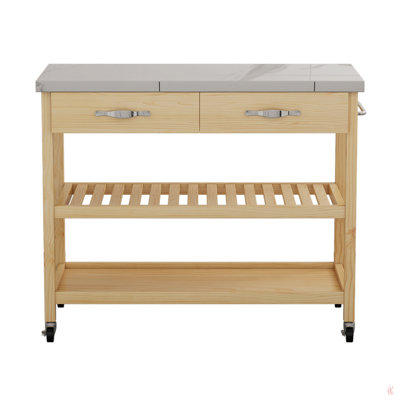 Stainless Steel Countertop Solid Wood Kitchen Cart With Storage Drawers And Shelves, Rotatable Kitchen Island With Steel Table Top And Tower Rack, Rolling Utility Trolley Cart For Kitchen And Dining