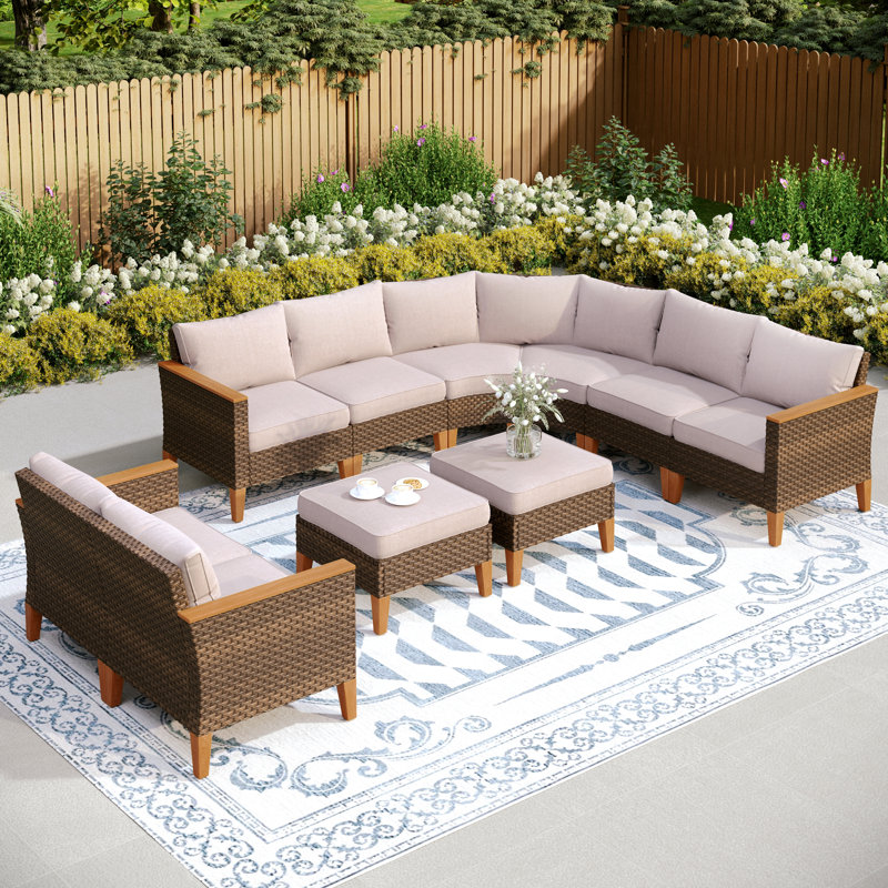 All Weather Wicker/Rattan 10 - Person Seating Group with Cushions, Beige