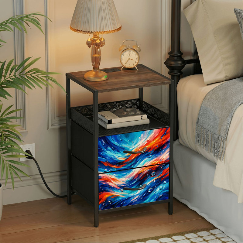  Table de chevet 24,2 po à 2 tiroirs à vagues abstraites bleues et orange avec station de charge