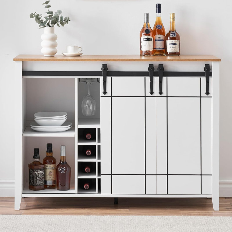 Farmhouse Wine Cabinet with Storage with Sliding Barn Door Buffet Sideboard Cabinet with 16 Bottle Wine Rack for Dining Coffee Bar Cabinet for Dining Room
