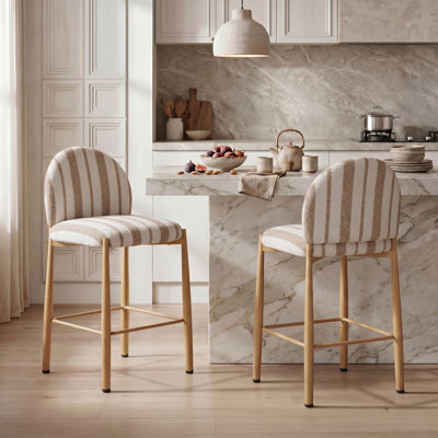 27.36" H Upholstered Counter Stools with Metal Frame, Modern Kitchen Chair Set, Light Brown Striped Boucle