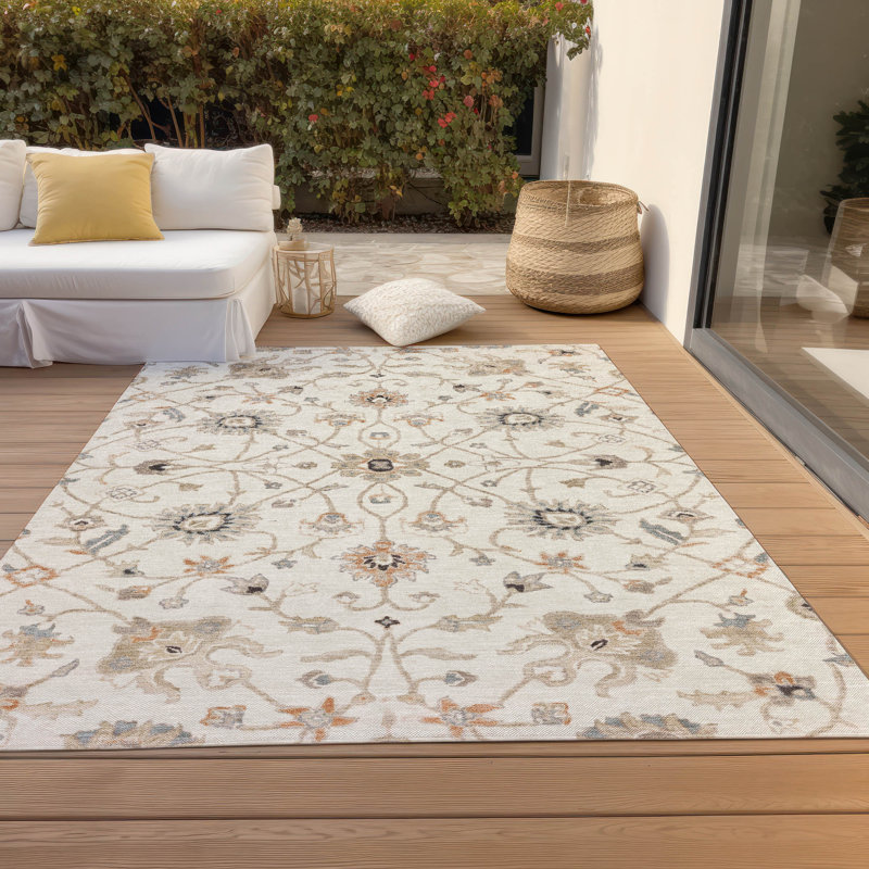 Ivory Rectangular Synthetic Washable Indoor/Outdoor Rug