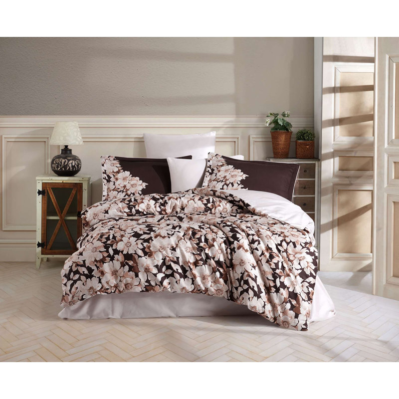 Luxurious Satin Double Quilt Cover Set, 100% Cotton, Brown & Cream | Includes 79 x 87 in Duvet Cover, 94 x 102 in Flat Sheet, 4 x 20 x 28 in Pillowcases | Machine Washable, 210 Thread Count, Elegant & Comfortable Bedding
