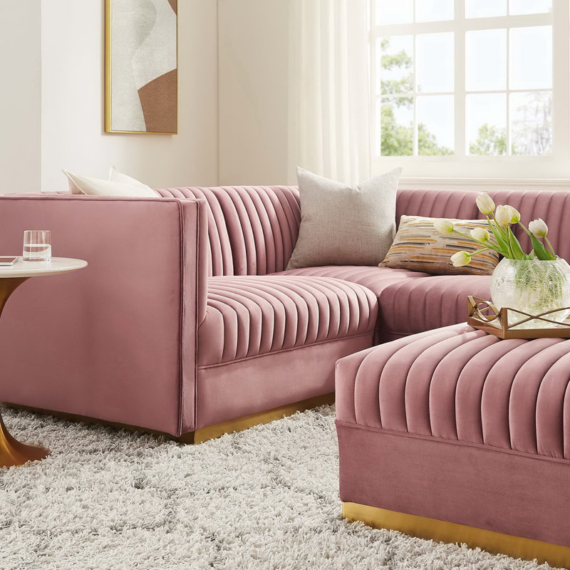  113" Wide Modular Corner Sectional, Left Hand Facing, Dusty Rose 100% Linen
