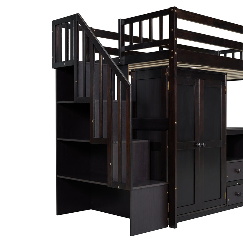 Loft Bed with Stairs, Bookshelf, Drawers, Desk & Wardrobe, Twin, Espresso