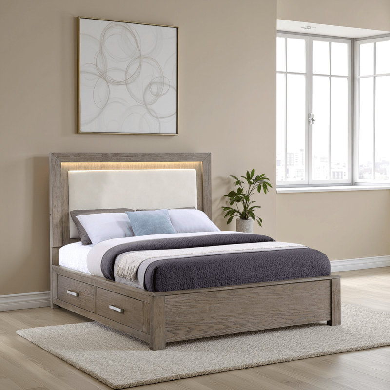 Lit Keno, tête de lit tapissier à DEL, 4 tiroirs de rangement, brun, Grand