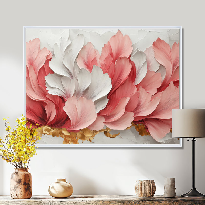 Or rose veiné marbré de pétales de fleurs IV - fleurs abstraites, art mural, H 34 po x l 44 po, Avec cadre, Blanc