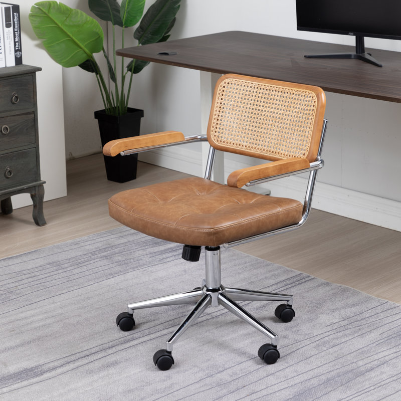 Chaise de bureau en cuir véritable rotin Carli, Brun