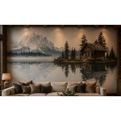 Autocollant mural chalet au bord d'un lac de montagne, décoration murale rustique forêt, motif chalet de pins, art mural paysage naturel, décoration intérieure chalet 696MV