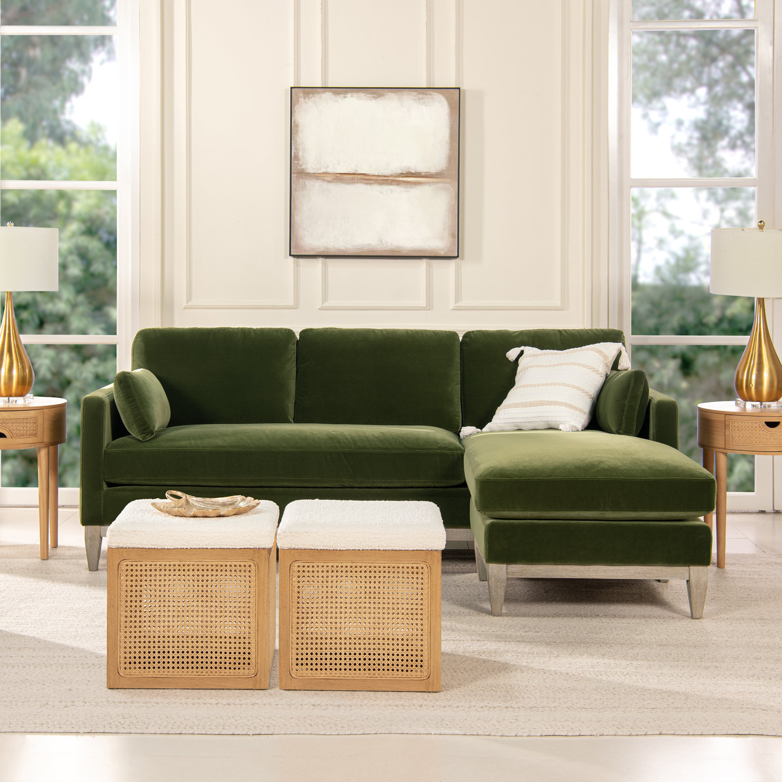 Pera Velvet Modular Sofa and Chaise, Olive Green Velvet