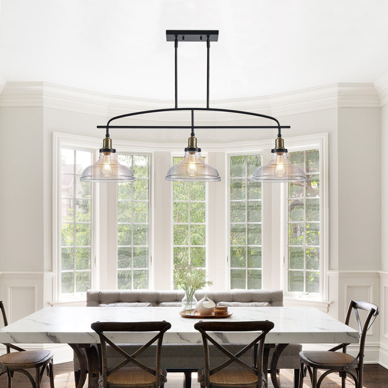 45" Industrial 3-Light Pendant Chandelier with Clear Glass Shades, Black Metal Frame, Adjustable Height, Modern Farmhouse Lighting for Kitchen Island, Dining Room, or Living Room (Bulb Not Included)
