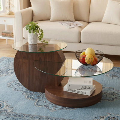 35.4" Modern Multi-Level Coffee Table with Two Tempered Glass Tops and Lower Display Shelf