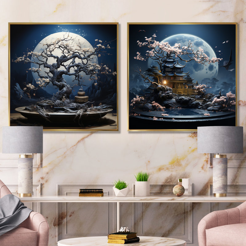 Bonsaï blanc sérénade I - Ensemble de 2 impressions sur toile Bonsai, Encadrement doré, H 16 po x l 33 po x P 1 po