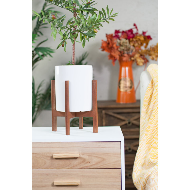 Jardinière en céramique Baraka, H 9 po x l 6,7 po x P 6,7 po (support inclus), Blanc / Noyer