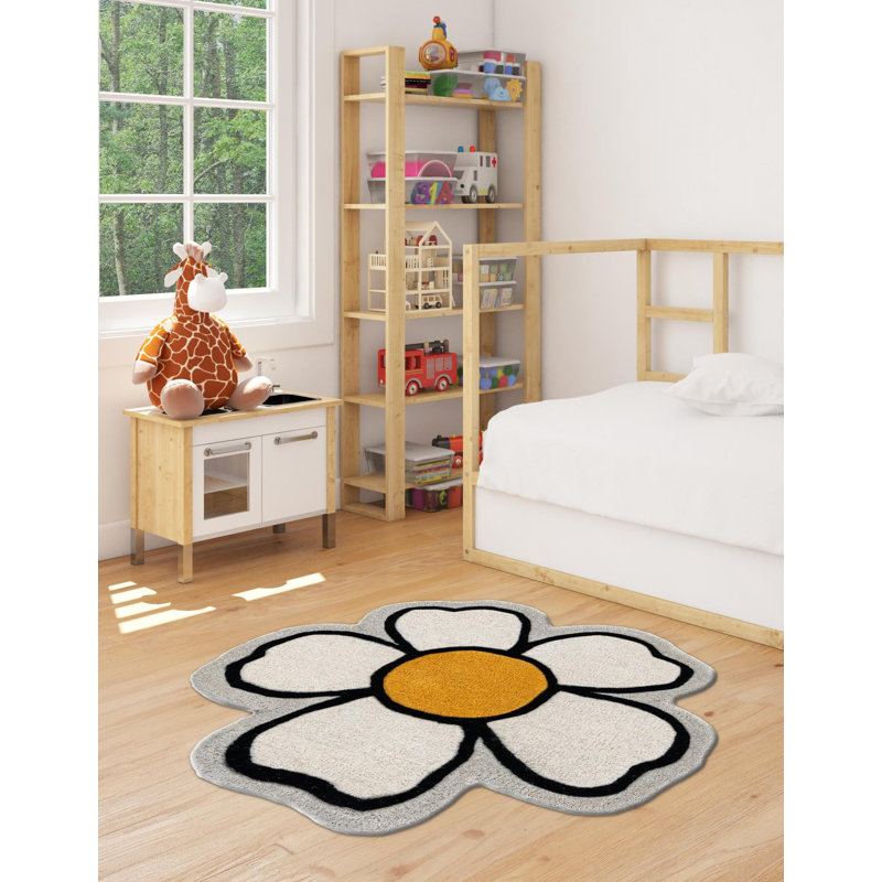 Ivory Daisy Floral Handmade Wool Kids Rug