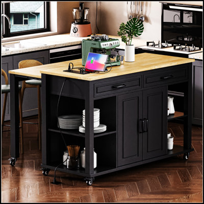 47 Inch Extendable Kitchen Island with Dining Table, Internal Storage, and Power Outlet for Modern Kitchens