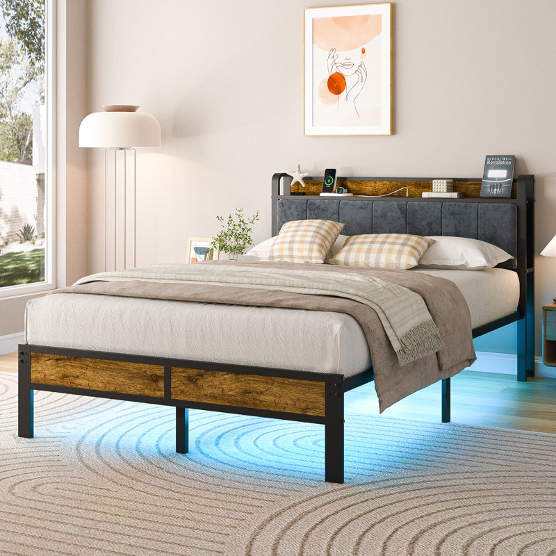 Twin Upholstered Bed Frame With LED Lights & Storage Headboard, Metal Platform Bed with Charging Station, No Box Spring Needed