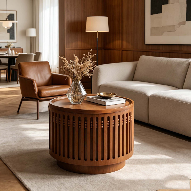 Table basse ronde, table de bout ronde en treillis, table d'appoint Boho avec fonction de rangement rabattable, 18.9"-Walnut