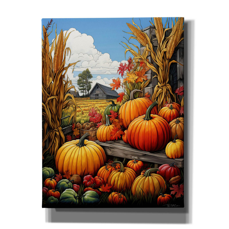 Art mural sur toile August Grove® «Pumpkins And Corn» par Momart, H 16 po x l 12 po x P 0,75 po