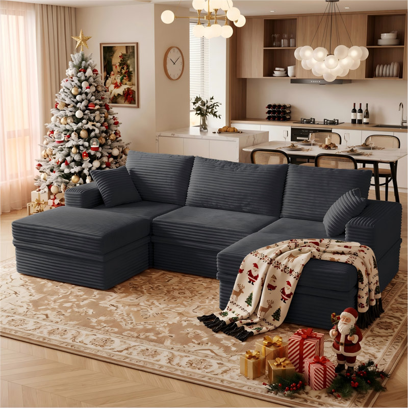 Boneless 107"W U-Shaped Sectional Sofa, Cloud Modular Corduroy Couch with Chaise, 2 Ottomans & Hidden Storage, Extra Deep Seat Corner Sofa, Minimalist Living Room Furniture, Easy Assembly Required