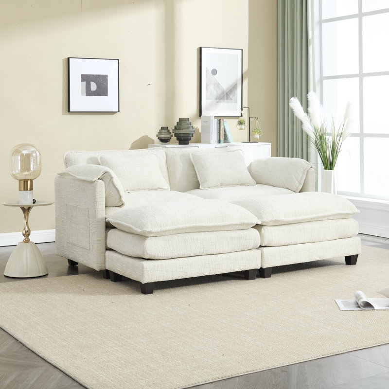 Zuri Chenille Fabric Upholstered 2-Seater Sectional Sofa with Ottomans, Beige Chenille