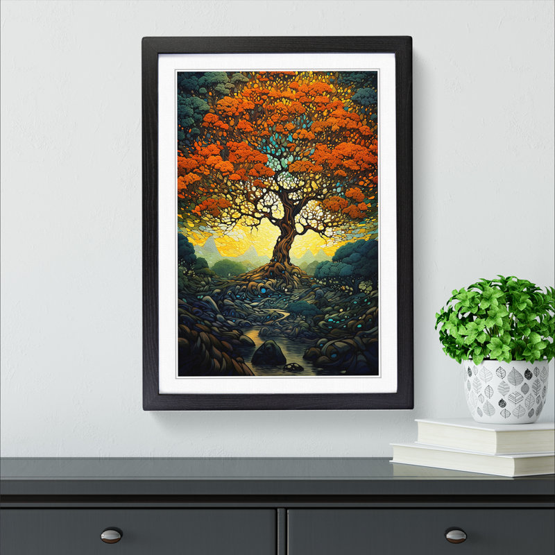 Oak Tree Futurism - Single Picture Frame Print on Wood, 46cm H x 34cm W x 2cm D, Black