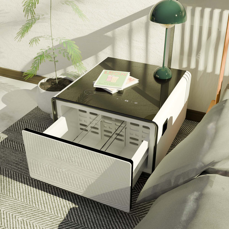 Table d'appoint moderne et moderne avec réfrigérateur intégré, charge sans fil, contrôle de la température, prise de courant, ports USB, protection pour prise de courant, lumière à induction, blanc